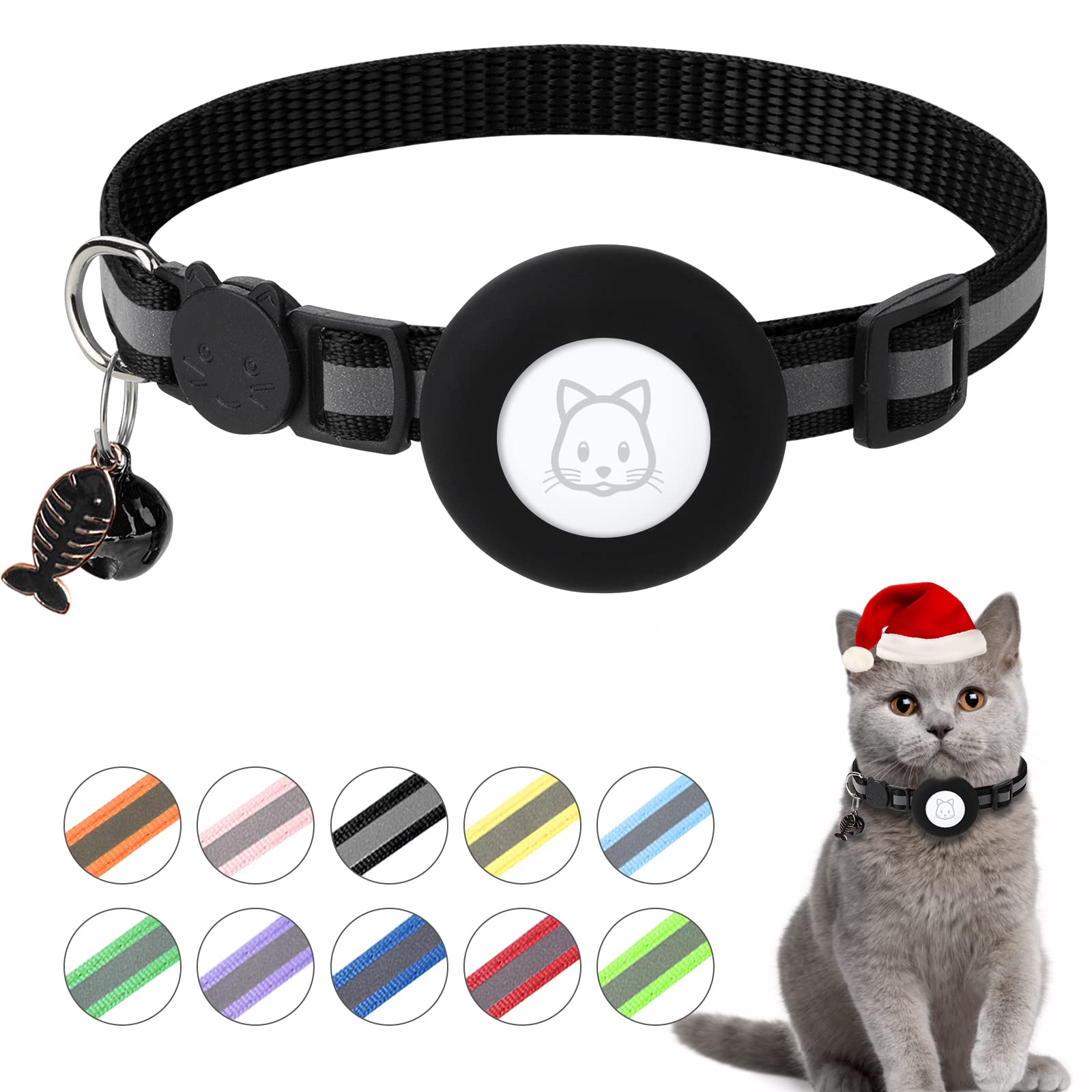 Airtag Cat Collar, Air Tag Cat Collar With Bell And Safety Buckle In 3/8'' Width, Reflective Collar With Waterproof Airtag Holde
