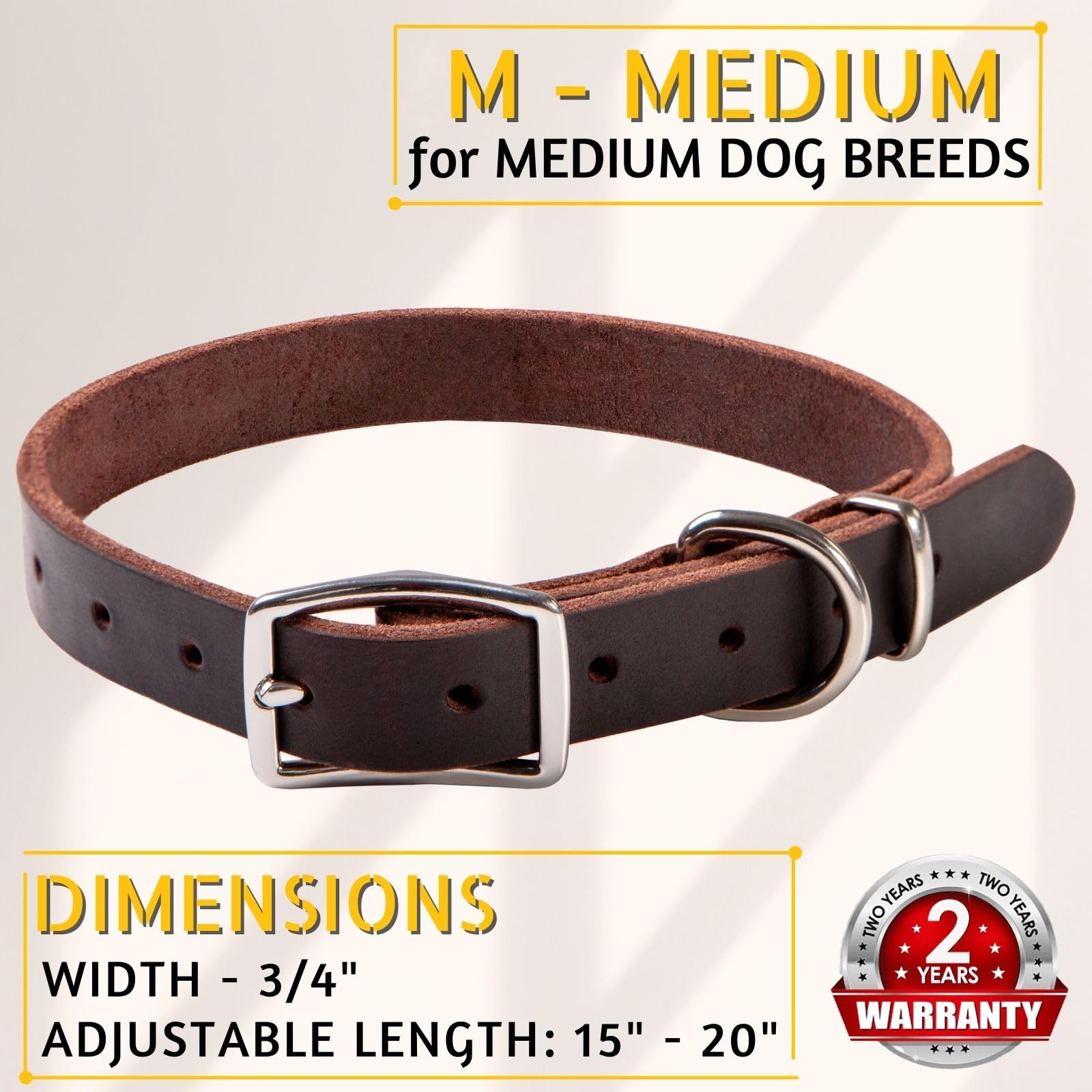 Adityna - Leather Dog Collar For Medium Dogs - Classic Style, Soft And Strong, Heavy Duty, Top-Grain Leather, Handmade - For Wal