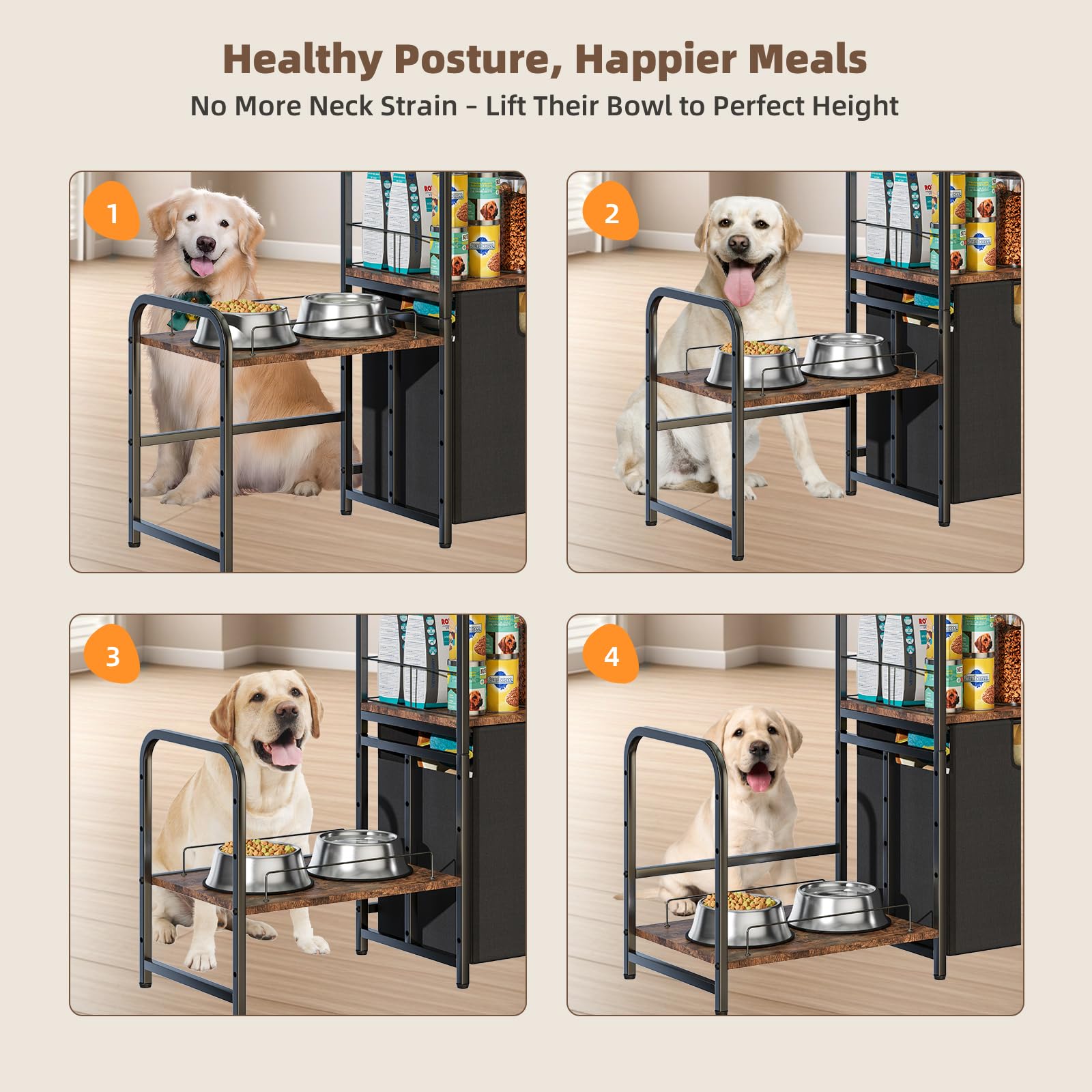 Dog Feeding Station With Single Bowl And Storage Basket, Litail Elevated Dog Bowls For 3 Bowls, 4 Height Adjustable Raised Bowl