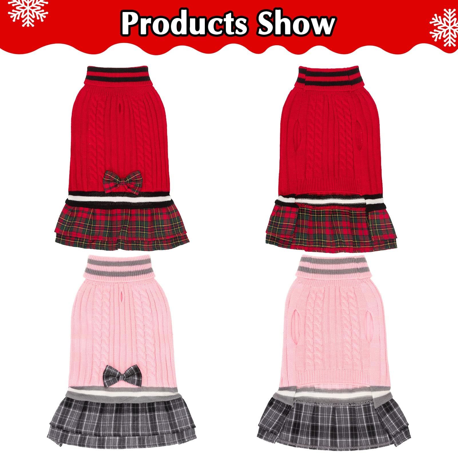 Pawchie Dog Sweater Dress With Bowtie - Dog Turtleneck Pullover Knitwear For Small Dogs Girls Cold Weather Sweater With Leash Hole, Suitable For Small Medium Dogs Puppies