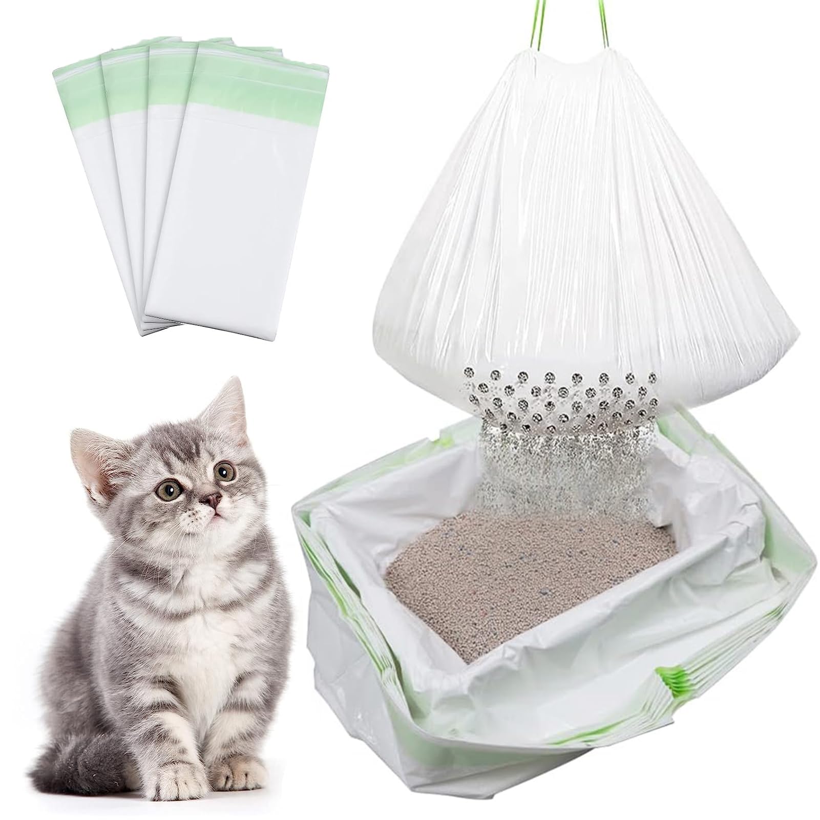 Hfpengzan Sifting Cat Litter Box Liners With Holes, 21 Count Large Drawstring Cat Litter Pan Bags Cat Waste Litter Bags Pet Cat 