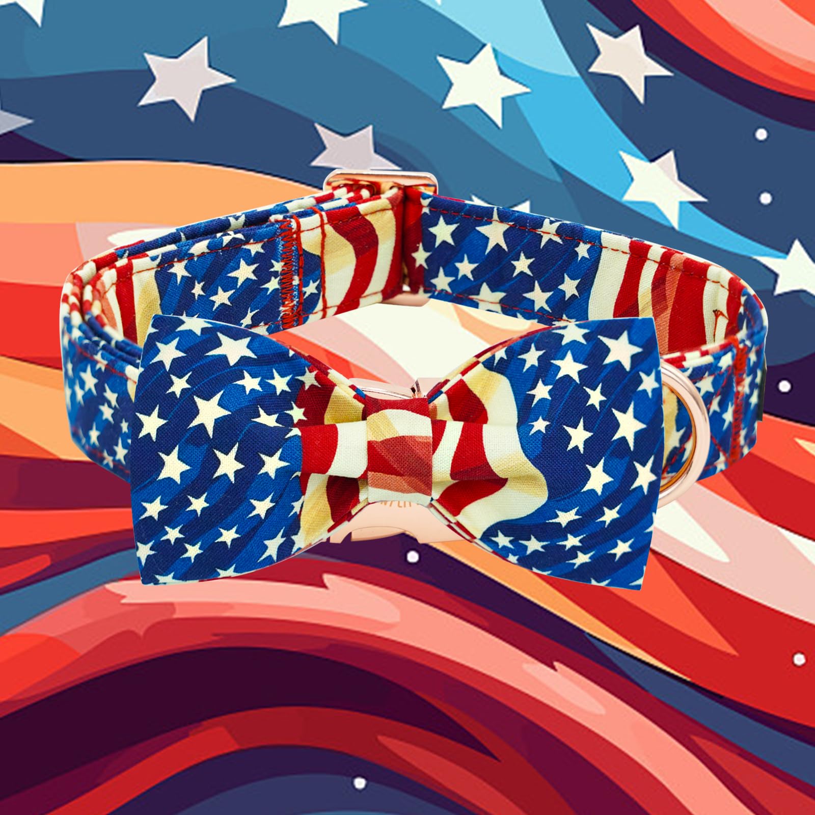 Elegant Little Tail Independence Dog Collar, Patriotic Pet Collar With Bow Tie American 4Th Of July Holiday Cotton Soft Boy Girl