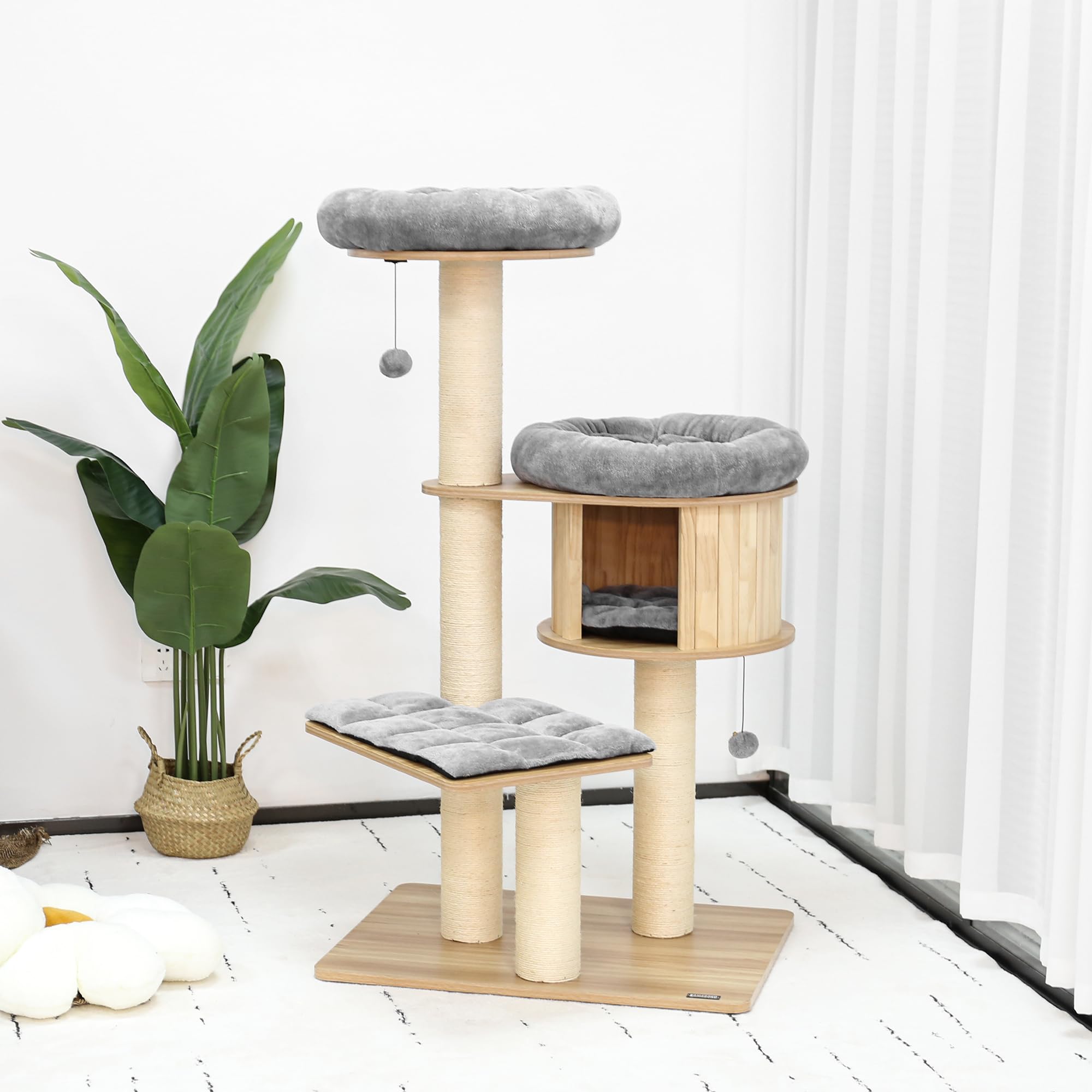 Kamaboko 58.6' Modern Cat Tree, Wood Cat Tree W/ 4.7' Large Dia Sisal Scratching Posts, Heavy-Duty Cat Trees For Large Cats Wi