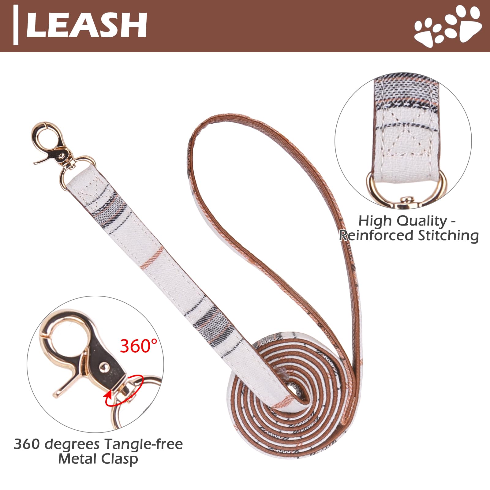 Expawlorer Puppy Collar And Leash - Embroidery Pawprints Plaid Dog Collar And Leash Set, Cute Dog Bandana Collar With Bell, Dog