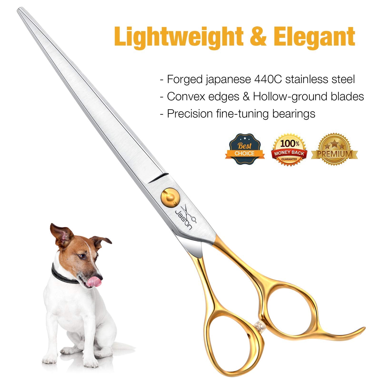 Jason 7.5' Dog Grooming Scissors Cats Trimming Shears Professional Pets Scissor Kit For Right Handed Groomers Gold Sharp Shear
