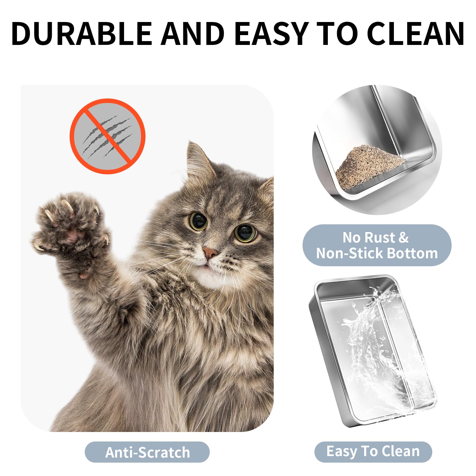 Prodigen Extra Large Stainless Steel Cat Litter Box with Lid, 24" x 16" x 12", Silver, Non-Sticky, Anti-Leakage, Easy Cleaning