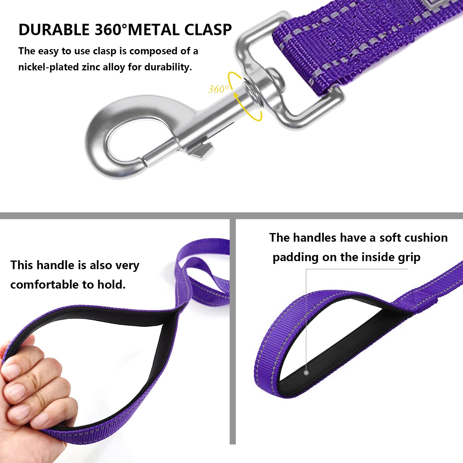Penseepet Dog Leash 6 Ft Padded Handle Nylon Reflective Dogs Leashes For Medium Dogs Purple