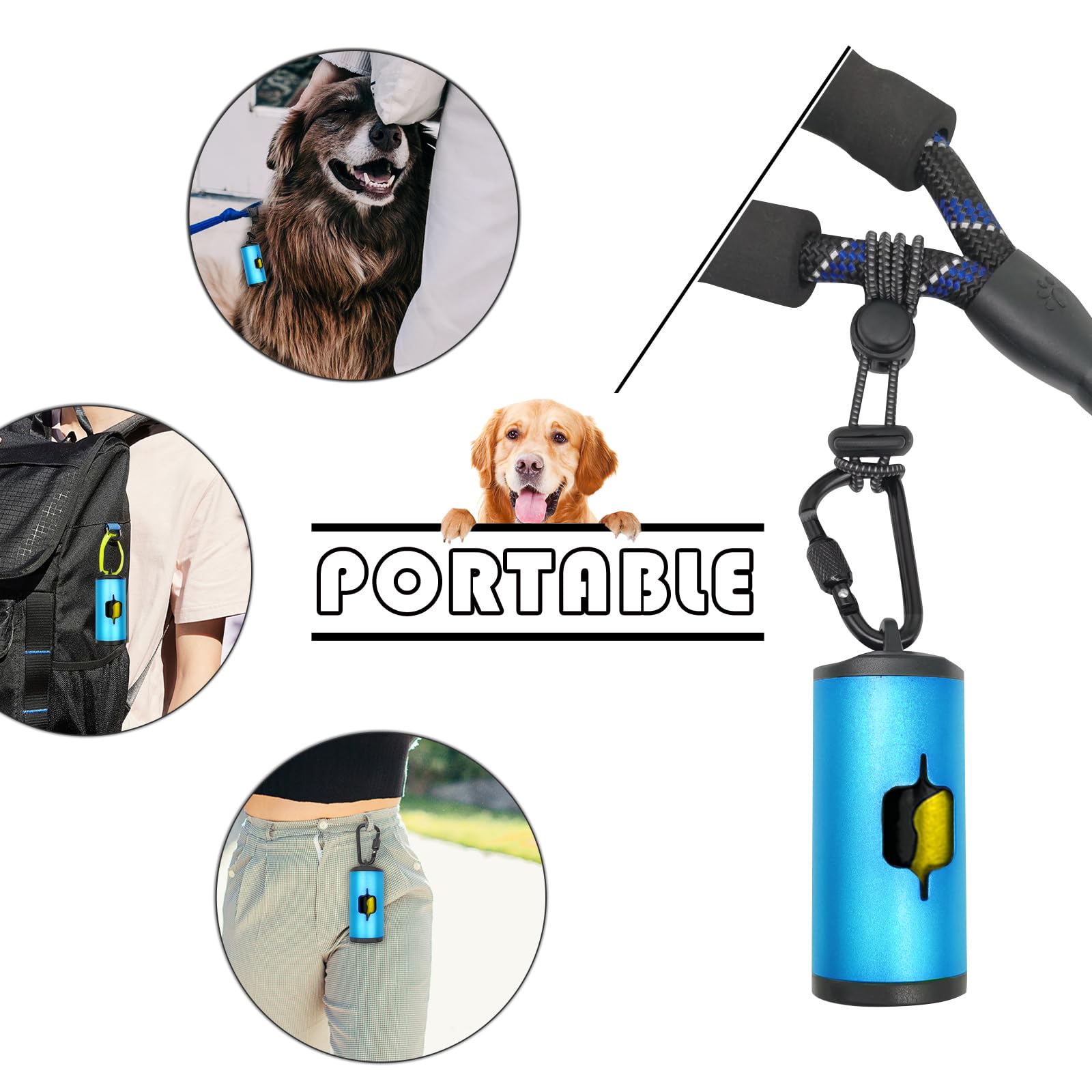 Metal Dog Poop Bags Holder|Aluminum Poop Bags Dispenser With 30 Black Pet Waste Bags 3 Leash Clasp And Elastic Rope