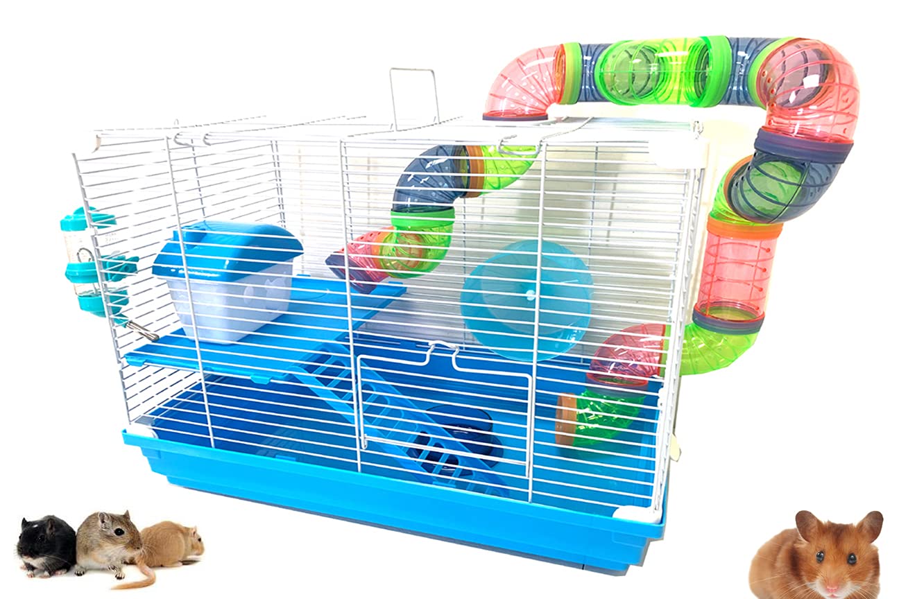 Large Multi-Floors Hamster Mansion Mouse Habitat Gerbil Home Rat House Small Animal Critter Cage (2-Floors, Blue)