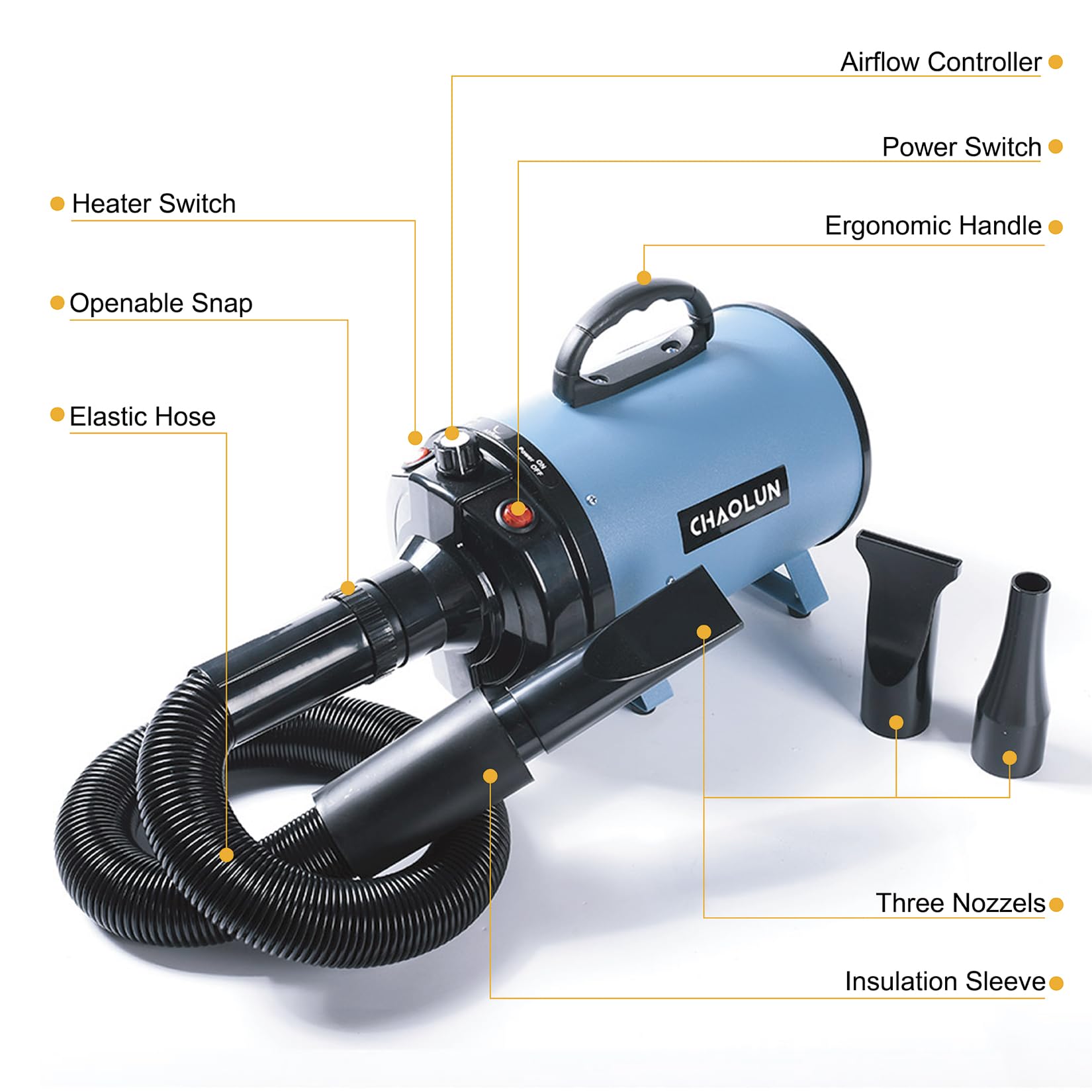 Chaolun Dog Dryer, Dog Blow Dryer, High Velocity Professional Pet Grooming Dryer, Dog Hair Dryer With Heater, Stepless Adjustabl