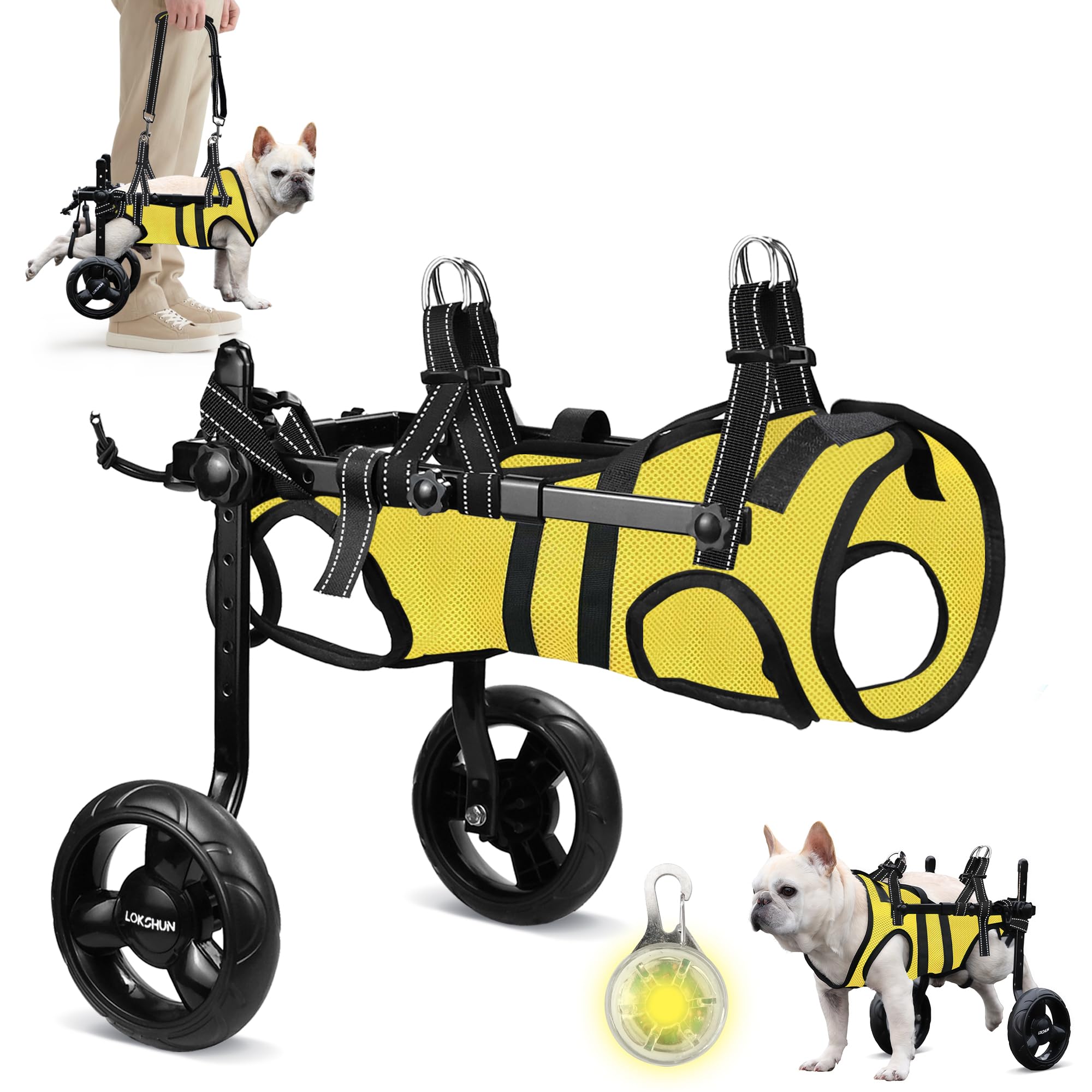 Lokshun Dog Wheelchair for Back Legs, LED Small Wheelchair for Dogs with Portable Pet Lift, Adjustable Dog Wheels for Disabled B