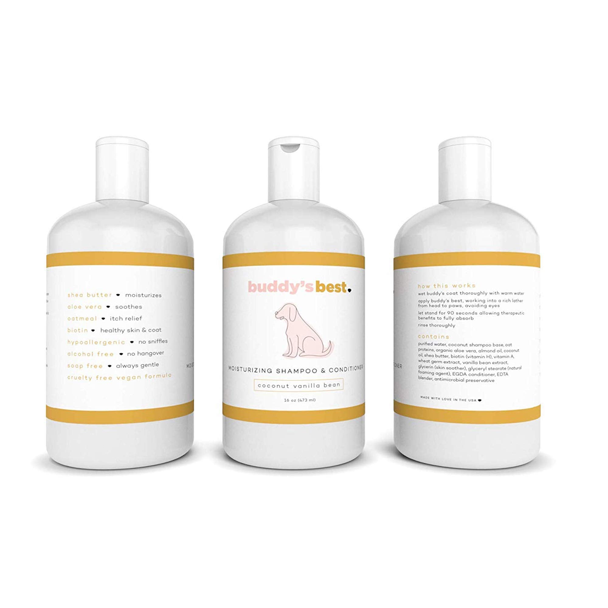 Buddy'S Best Dog Shampoo For Smelly Dogs - Dog Shampoo And Conditioner For Dry And Sensitive Skin - Moisturizing Puppy Wash Shampoo, Coconut Vanilla Bean Scent, 16Oz