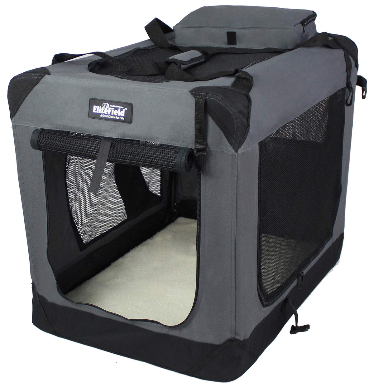 Elitefield 3-Door Folding Soft Dog Crate With Carrying Bag And Fleece Bed (2 Year Warranty), Indoor & Outdoor Pet Home (42' L X 28' W X 32' H, Gray)