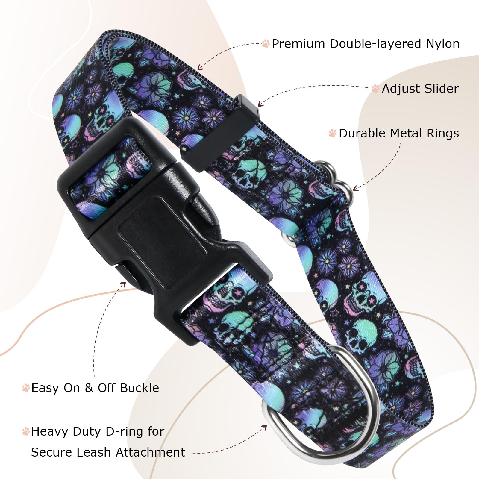 Dog Collars For Medium Boy And Girl Dogs, Adjustable Soft Skull Patterns Dog Collar With Quick Release Buckle For Xs Small Mediu