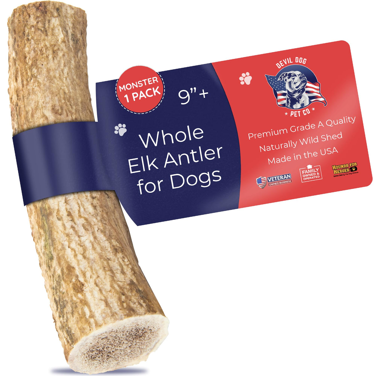 Devil Dog Pet Co Antler Dog Chew - Premium Elk Antlers For Dogs - Long Lasting Dog Bones For Aggressive Chewers - No Mess No Odor - Wild Shed In The Usa - Veteran Owned (Monster)