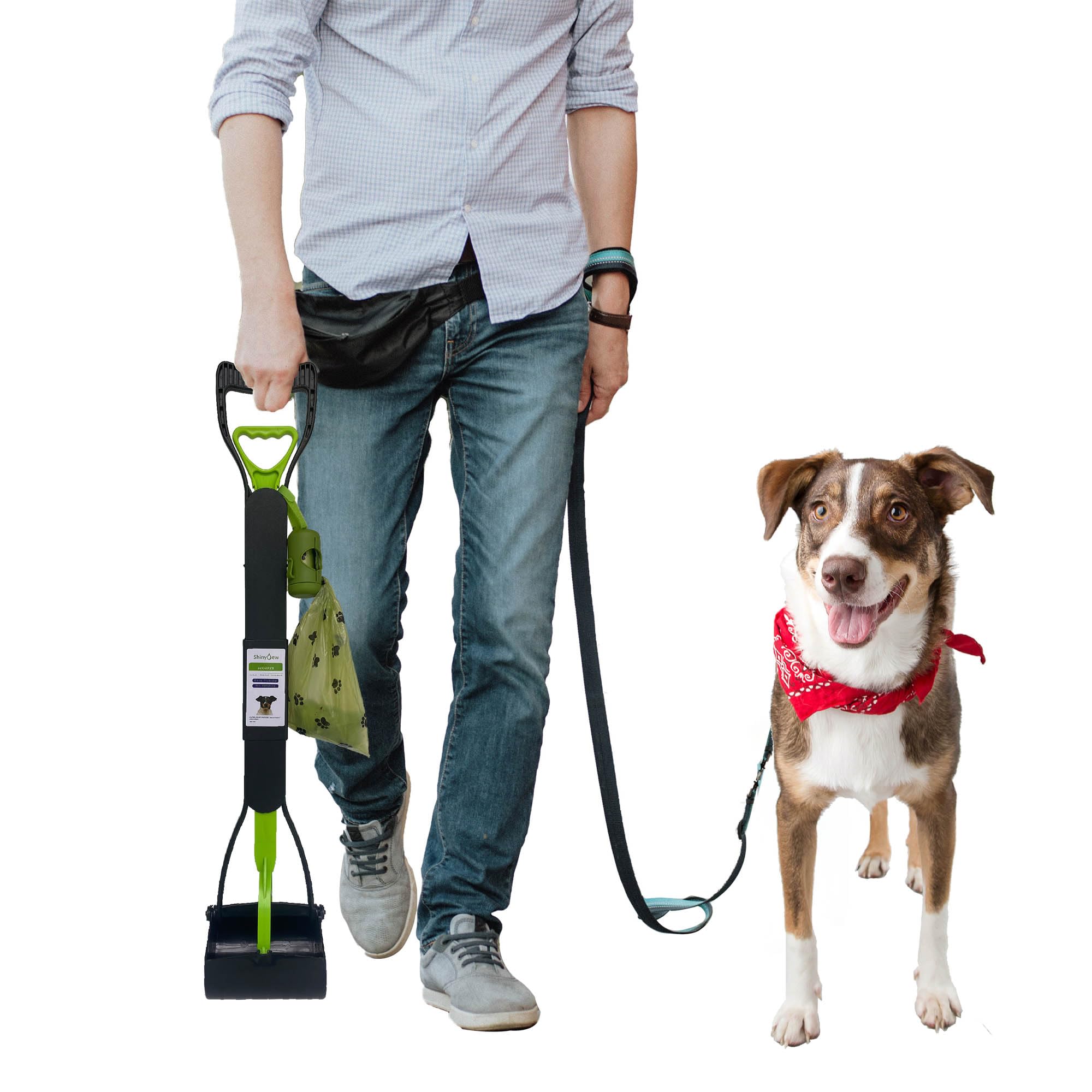 Shinydew 32'' Pooper Scooper For Large Medium Small Dogs With Bag Attachment, Extra Long Handle Heavy Duty With 30 Dog Poop Bags