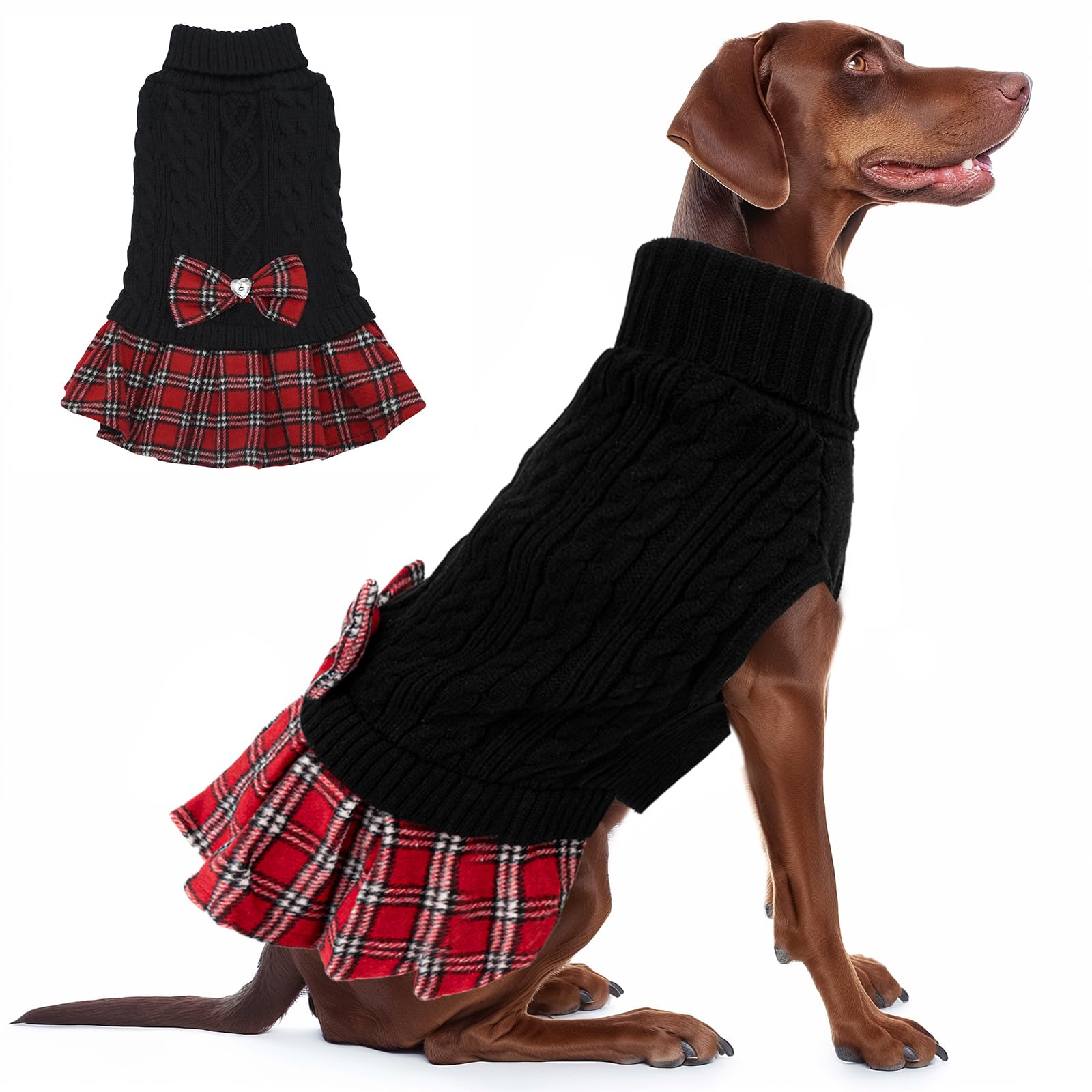 KYEESE Dog Turtleneck Sweater - Medium/Large Size with Bowtie, Knitwear Dog Coat for Warmth