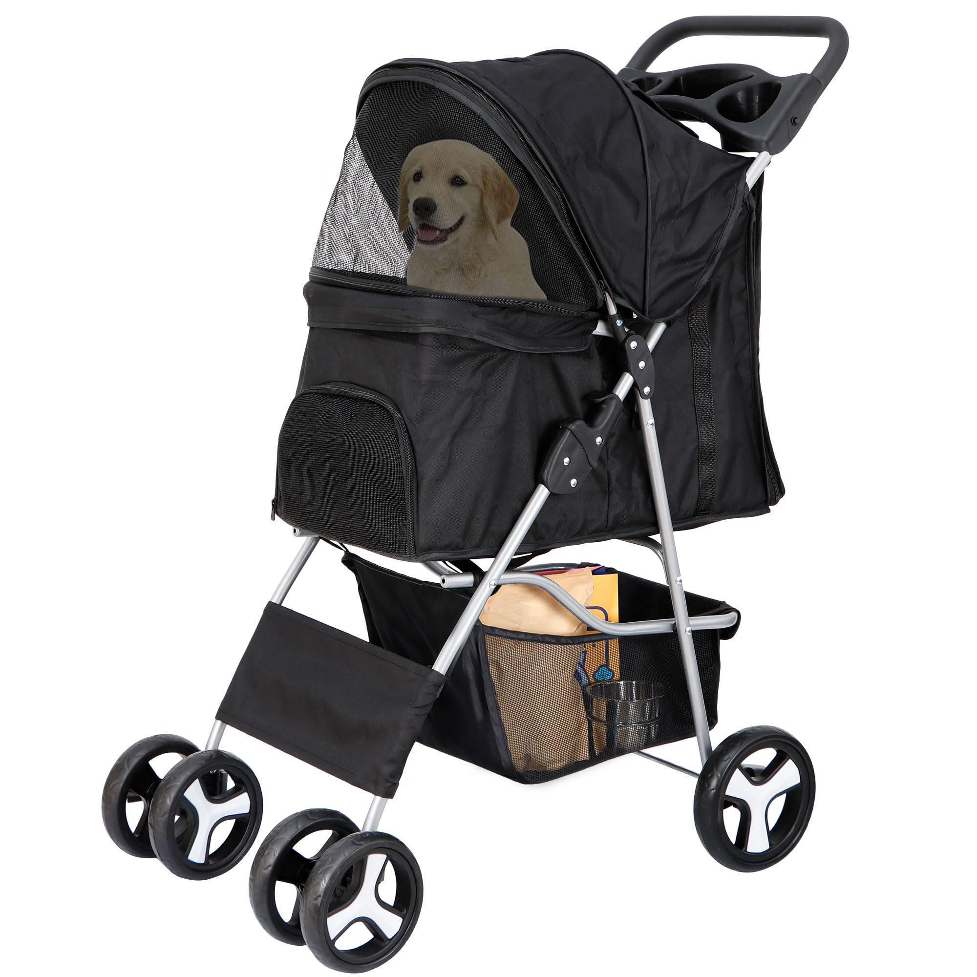 Pet Stroller 4 Wheels Dog Cat Stroller For Small Medium Dogs Cats Foldable Puppy Stroller With Storage Basket And Cup Holder
