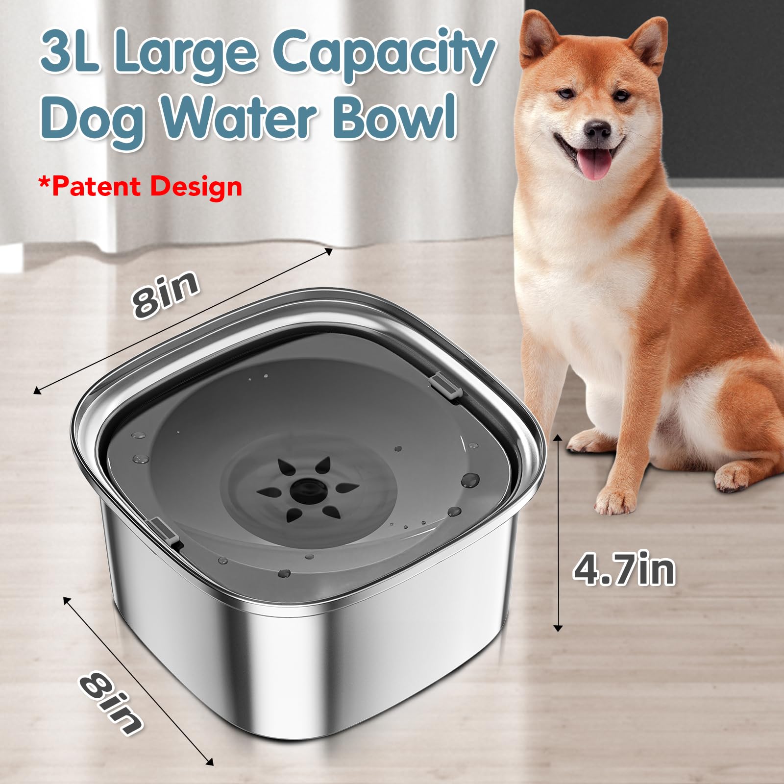 UPSKY 3L Dog Water Bowl No Spill, Splash Proof Dog Bowl Stainless Steel No Mess Slow Drinking Water Bowl, Dark Grey