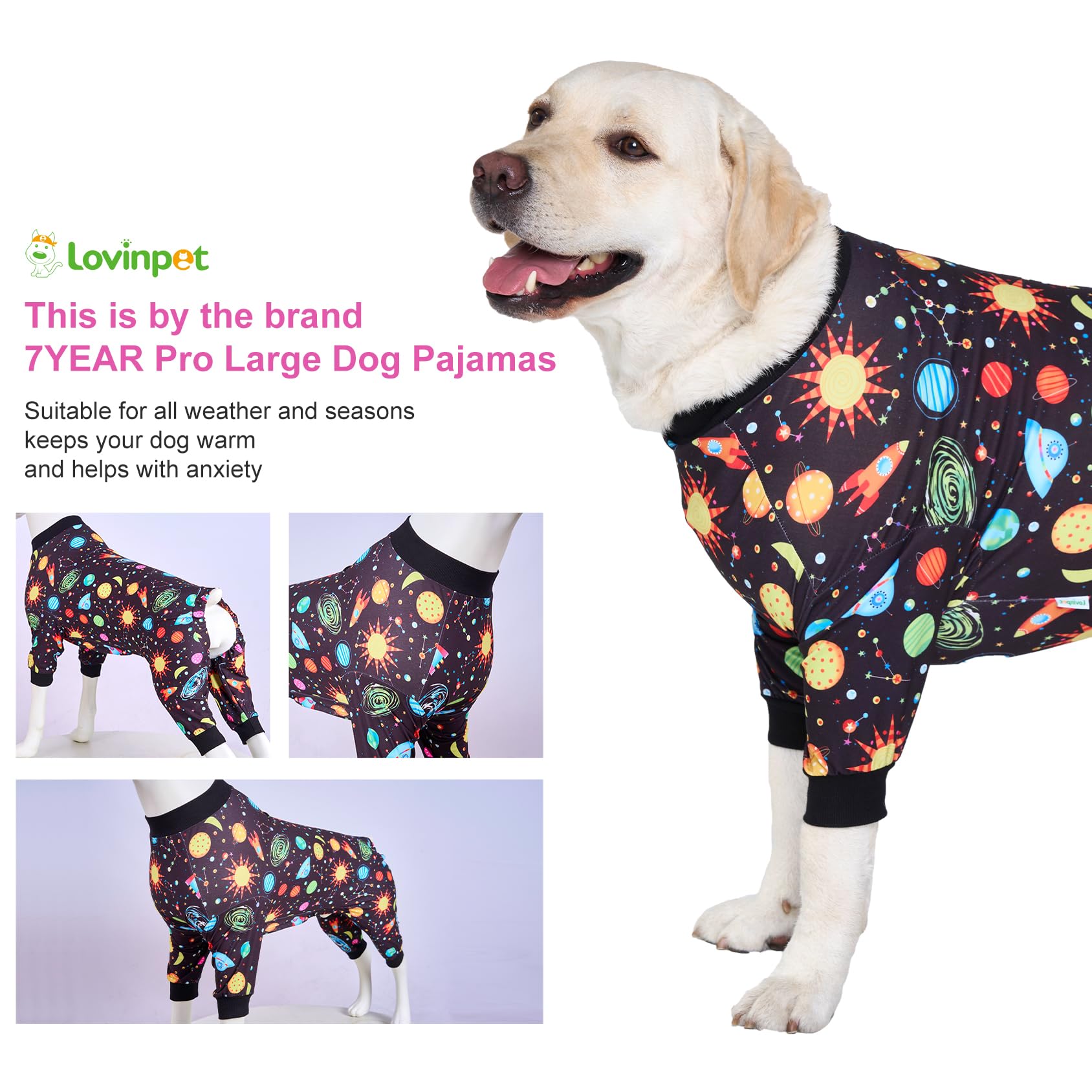 Lovinpet Big Dogs Onesies: Big Dog Pajamas, Post Surgery/Wound Care, Lightweight Stretchy Fabric, Interstellar Black Print, Dog Jumpsuit, Anti Licking, Pet Pj'S/Large