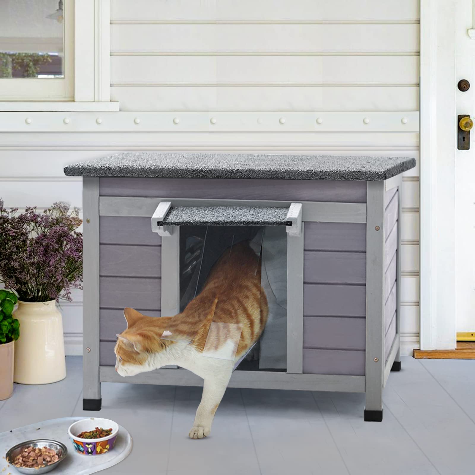 Outdoor Feral Cat House Weatherproof, Small Wooden Rabbit Hutch Bunny Cage Indoor-Pvc Door Flaps