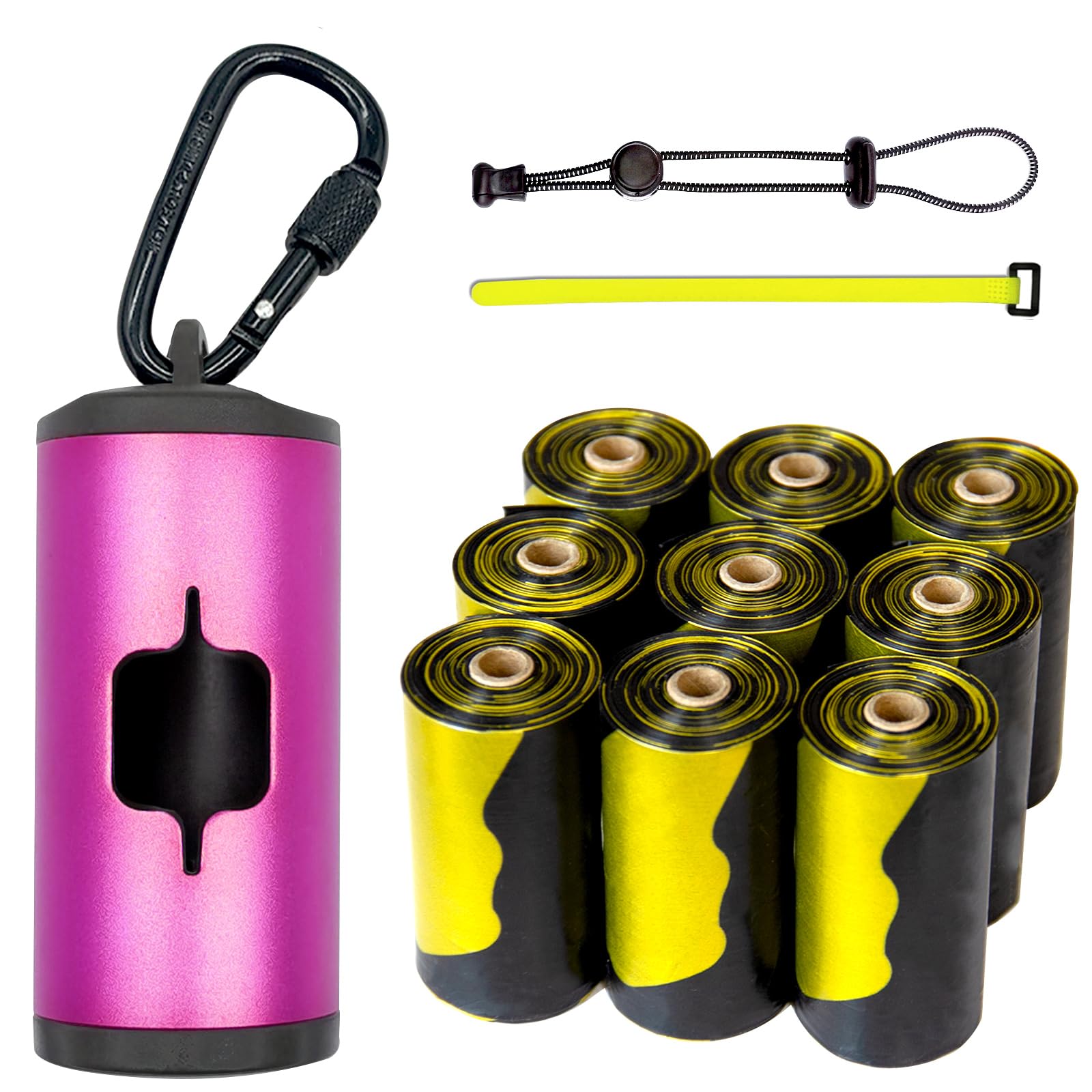 Metal Dog Poop Bags Holder|Aluminum Poop Bags Dispenser with 135 Black Unscented Pet Waste Bags and 3 Leash Accessories