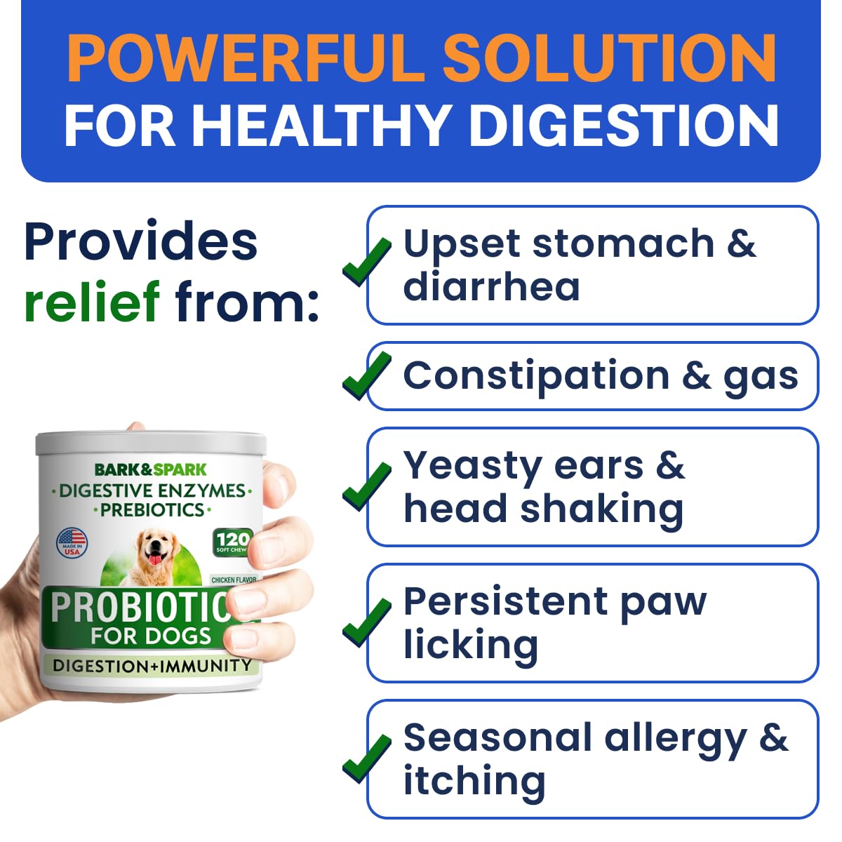 Bark&Spark Dog Probiotics & Digestive Enzymes (Gut Health) Allergy & Itchy Skin - Pet Diarrhea Gas Treatment Upset Stomach Relie