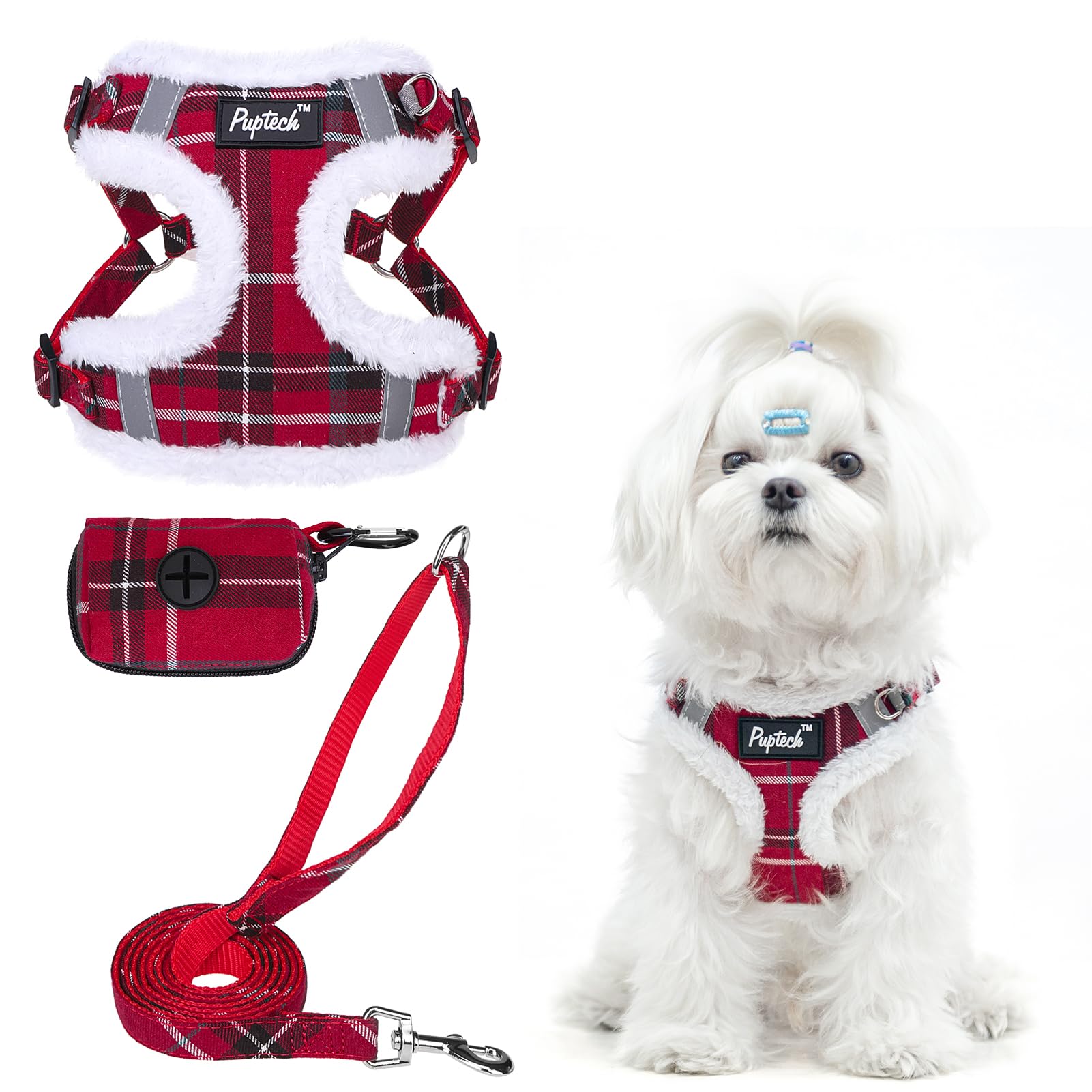 PUPTECK No Pull Dog Harness and Leash Set Reflective No Choke Step in Puppy Halter for XS Small and Medium Sized Dogs, Red Plaid