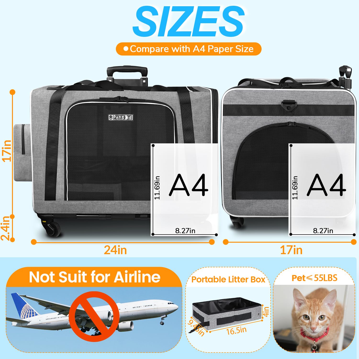 Petskd Extra Large Cat Carrier with Wheels and Litter Box 24 x17 x17  for Large Cat or 2 Small Cats, Collapsible Soft Sided Pet