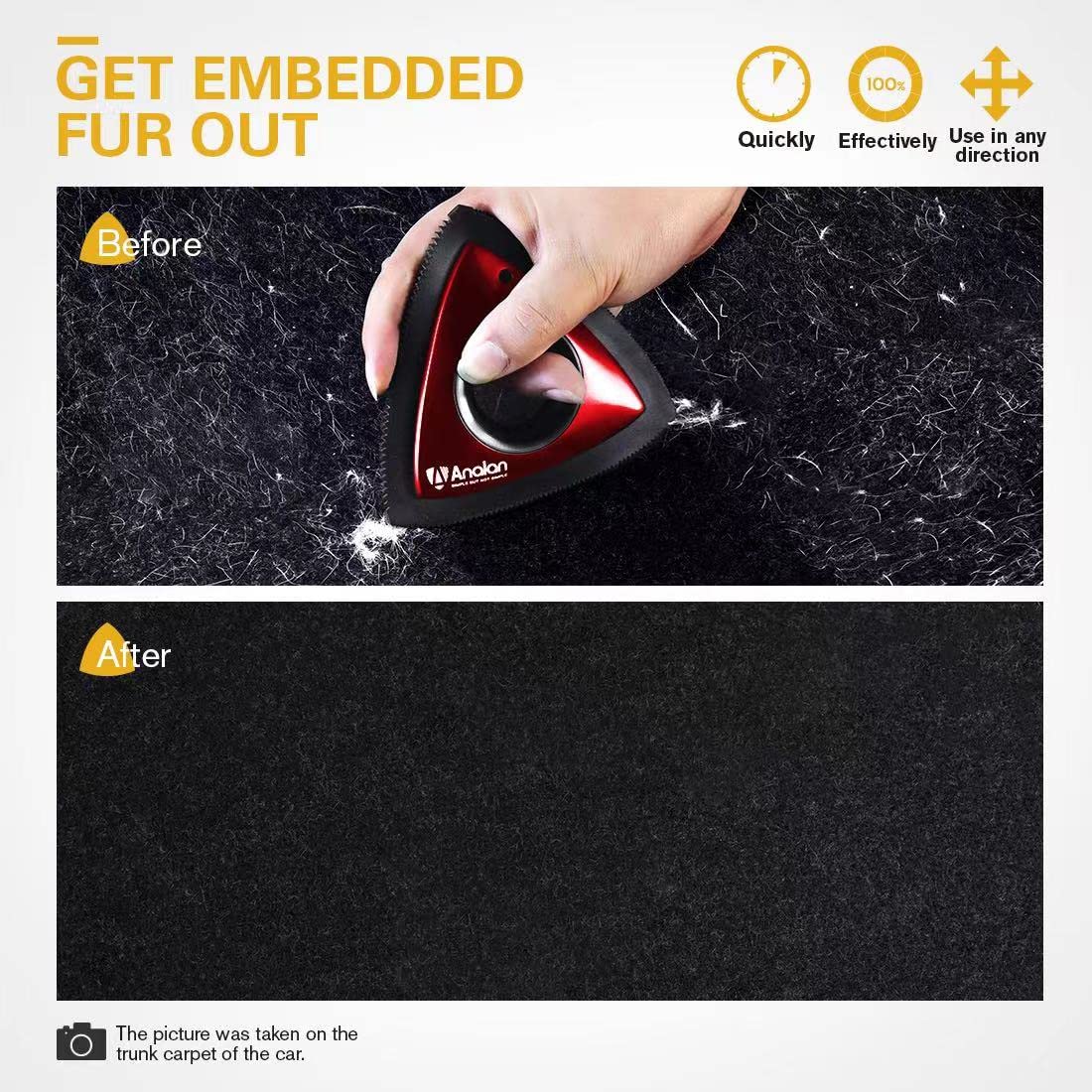 Analan Mini Pet Hair Remover For Car Detailing Supplies, Carpet Dog Hair Remover For Car Interior, Triangle Dog Hair Remover For Auto Detailing, Couch, Furniture, Lint, Carpet (Metallic Red)