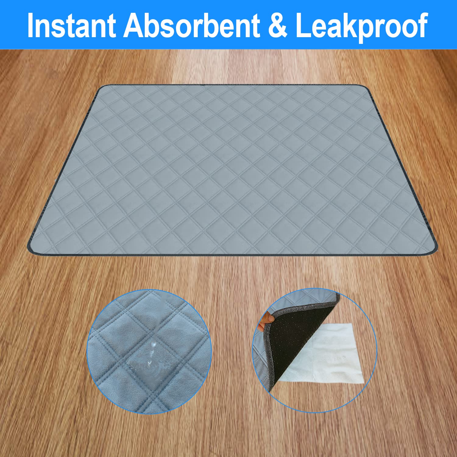 Rioussi Washable Pee Pads For Dogs, Reusable, Absorbent, Leakproof, Non Slip Pet Puppy Pads For Potty Training. Light Gray, 18X2