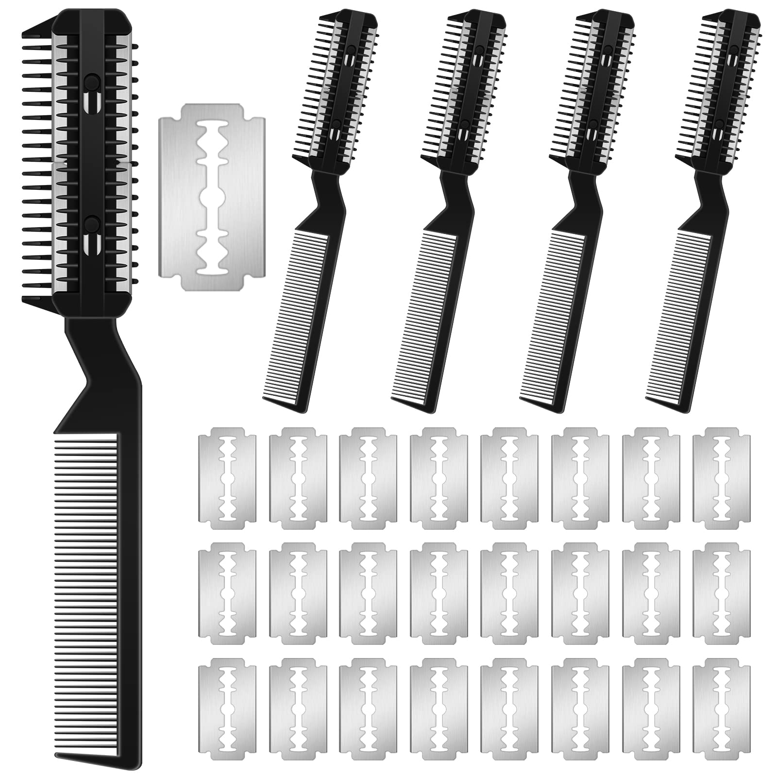 Yinkin 5-Piece Dog Hair Razor Comb With 25 Extra Blades - Manual Pet Grooming Tool For Dogs & Cats (Black)