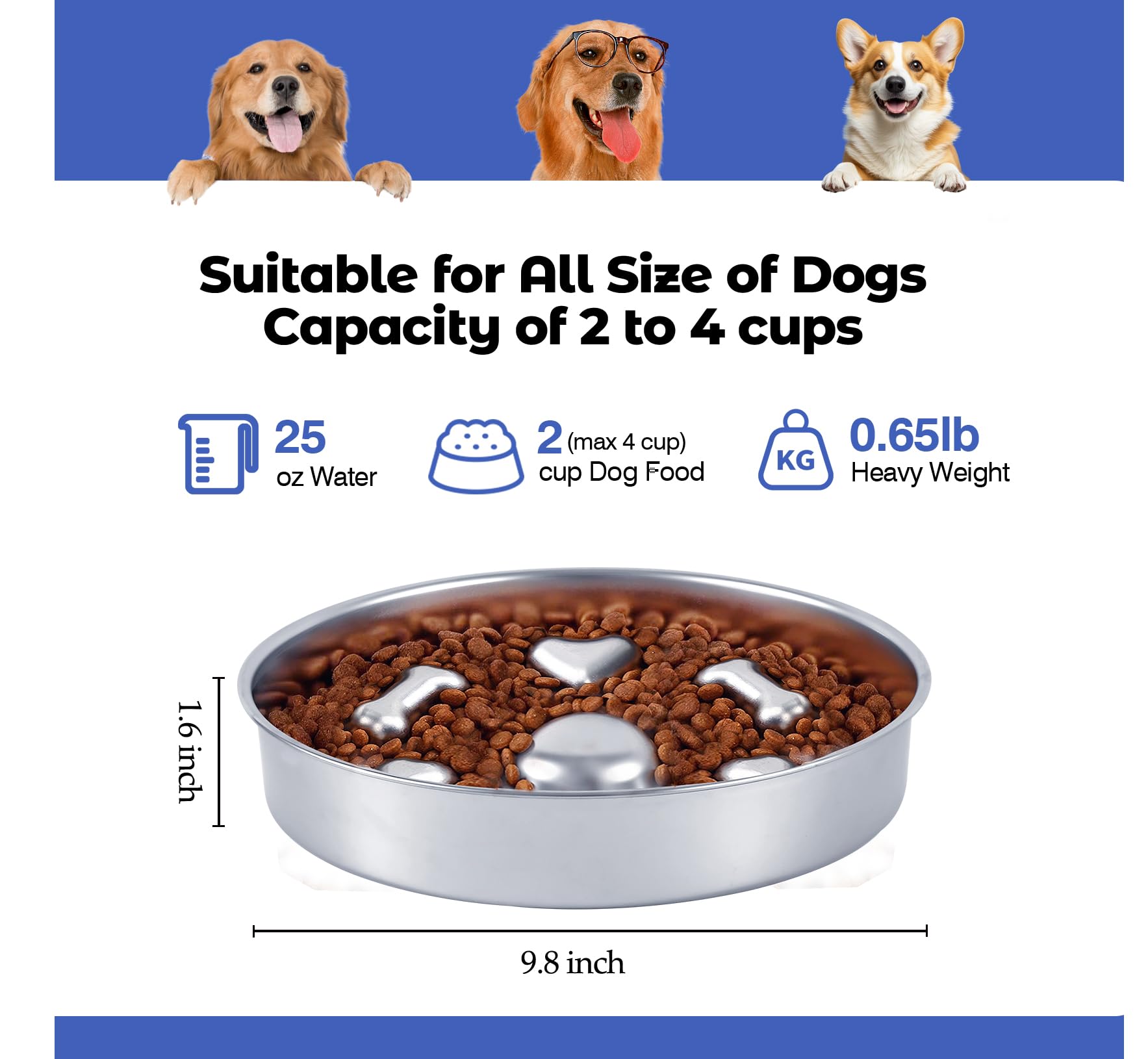 Glyvian Slow Feeder Dog Bowls, Stainless Steel With Non-Slip Rubber Base Metal Bowl, 4 Cups Large Capacity Slow Feed For Small,