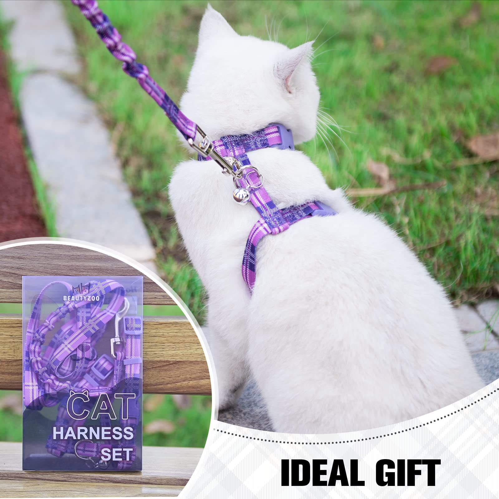 Beautyzoo Cat Harness And Leash Set Escape Proof For Walking, Kitten Soft Adjustable Vest Harnesses For Small Medium Large Cats, Easy Control Breathable Plaid Ribbon Nylon For Outdoor Indoor Use