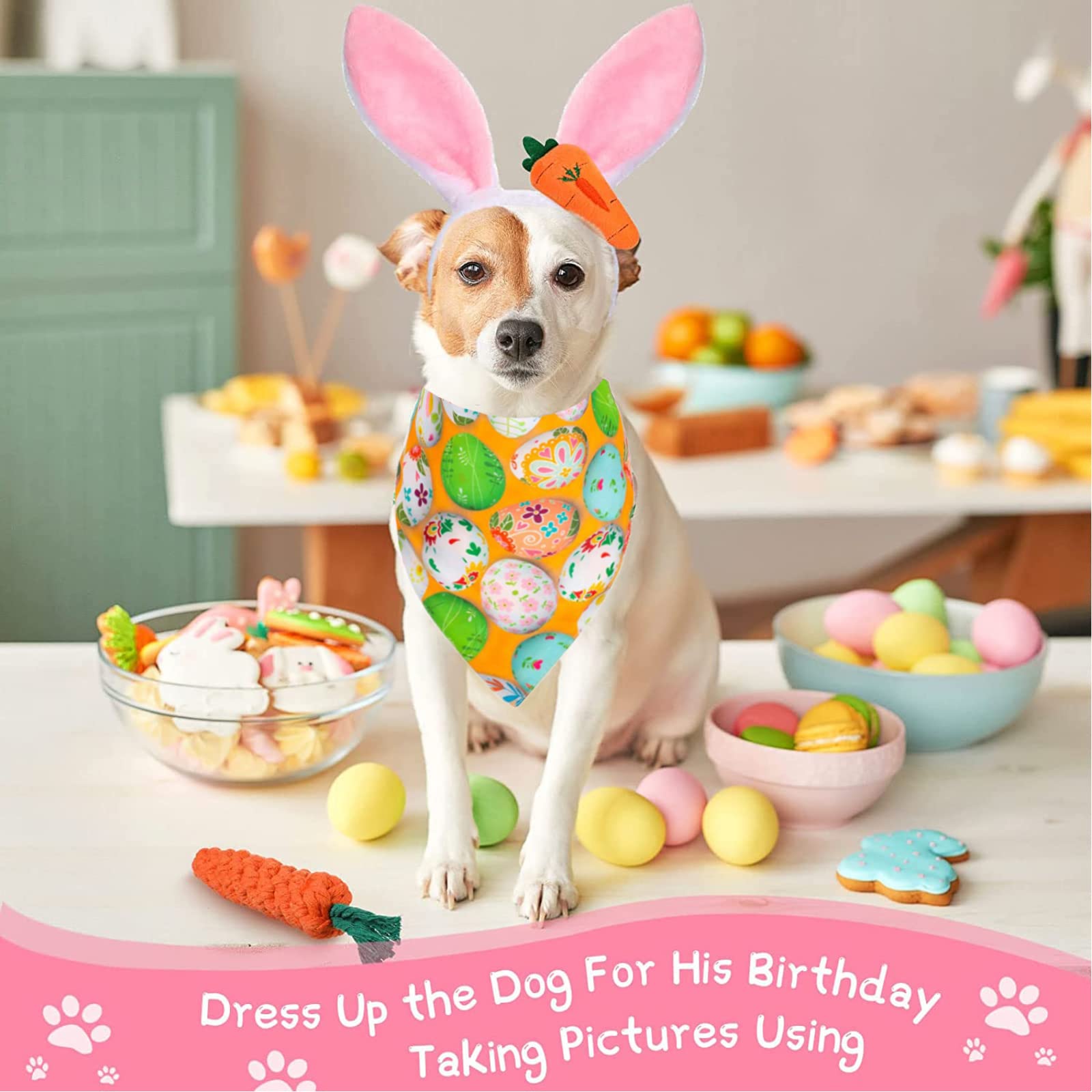Dog Easter Costume Cute Bunny Ears Headband Easter Eggs Bandana Puppy Funny Rabbit Carrot Chew Toys 3Pcs Easter Party Gifts Medi