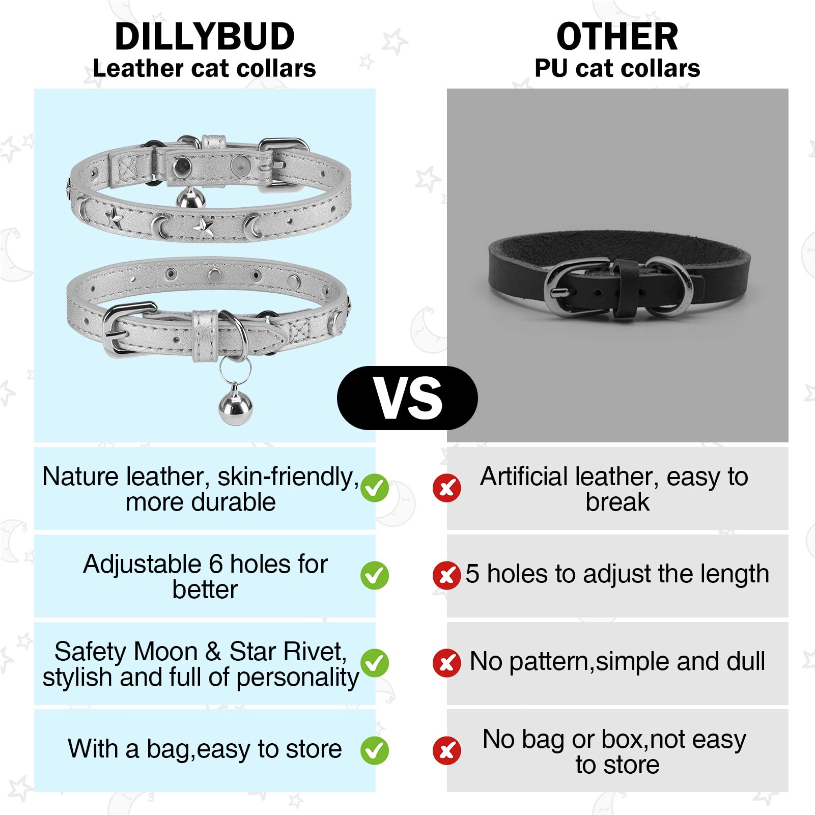 Dillybud Leather Cat Collars For Boy Girl Cats With Bell And Safety Elastic Belt, Personalized Star And Moon Stud Adjustable Saf