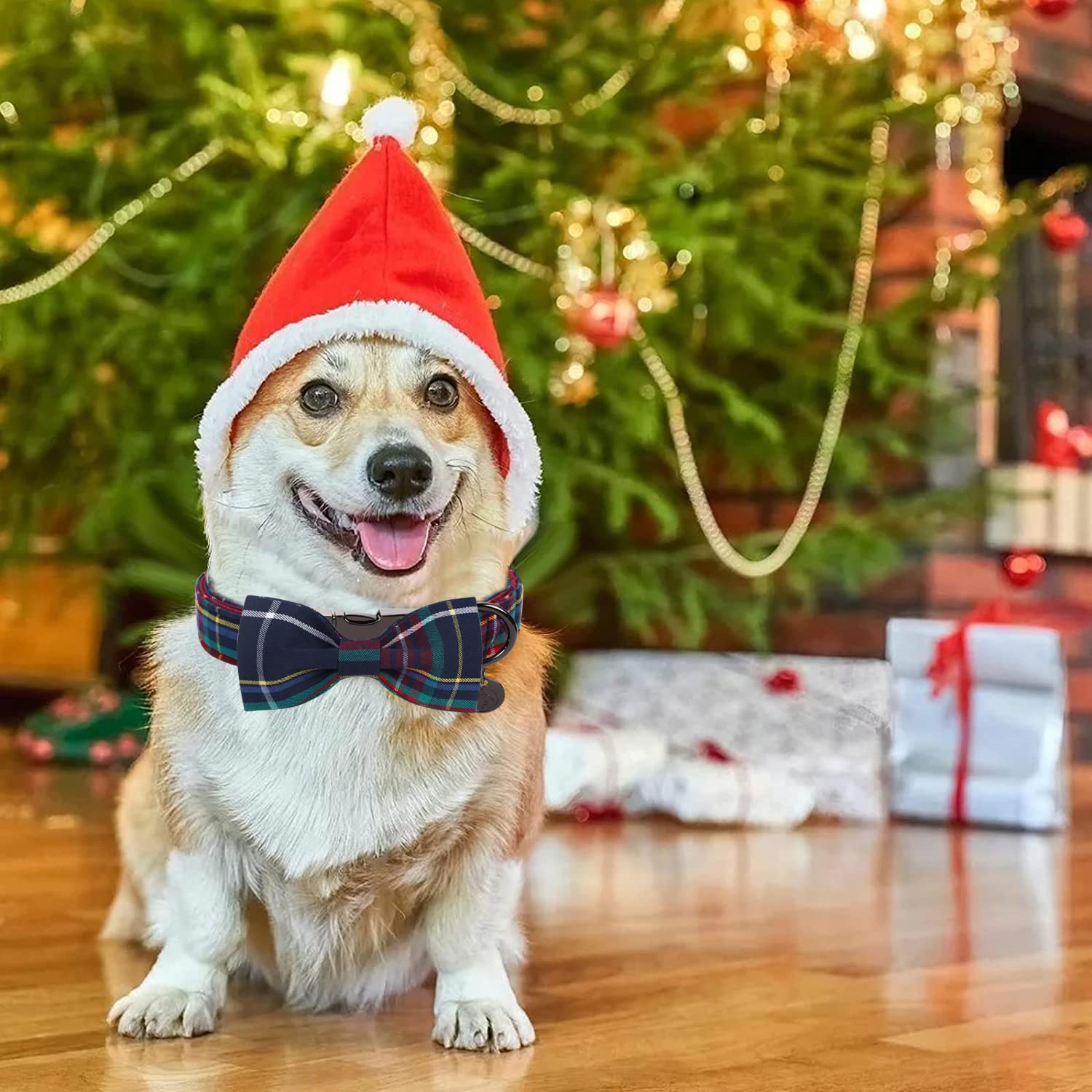 Dogwong Christmas Dog Collar With Bow Tie, Red Blue Plaid Gingham Dog Collar Soft Durable Adjustable Cotton Blue Tartan Puppy Co