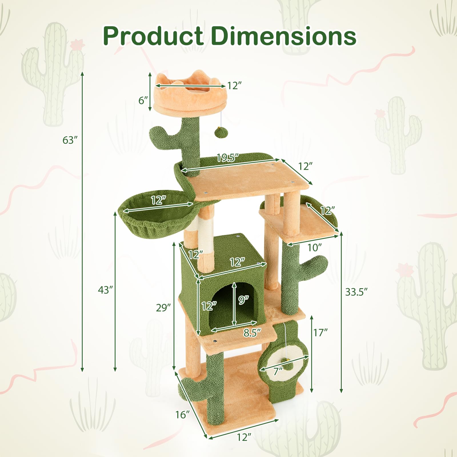 Tangkula Cactus Cat Tree, 63 Inch Multi-Level Tall Cat Tower With Sisal Scratching Posts & Board, Condo, Padded Perch, Hanging T