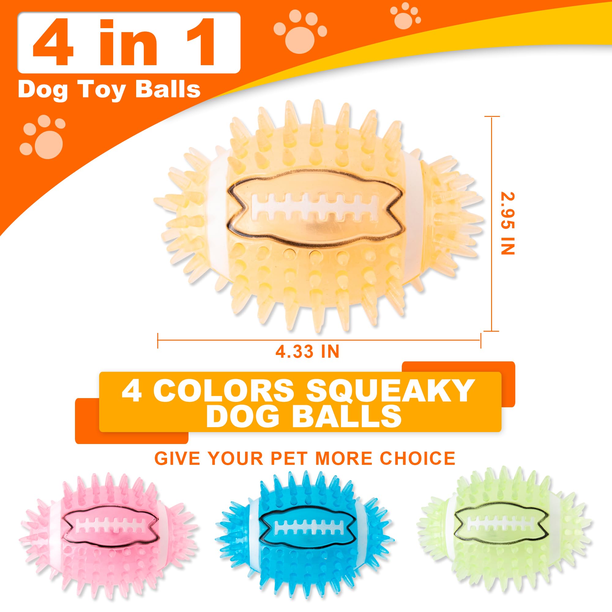 Ghobrofy 4.3    Dog Squeaky Football Toys 4 Pack, Light Up And Durable Spiky Dog Balls For Medium Large Dogs With Rugby Shape, B