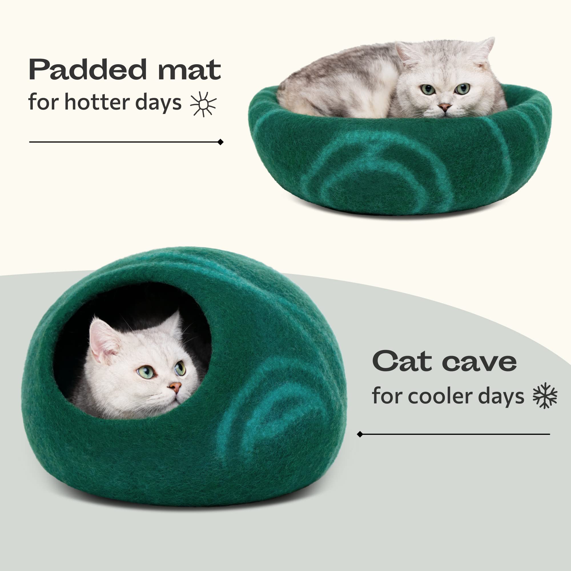 Meowfia Cat Cave - Premium Felt Cat Bed For Indoor Cats, Handmade 100% Merino Wool (Dark Shades) (Large, Emerald)