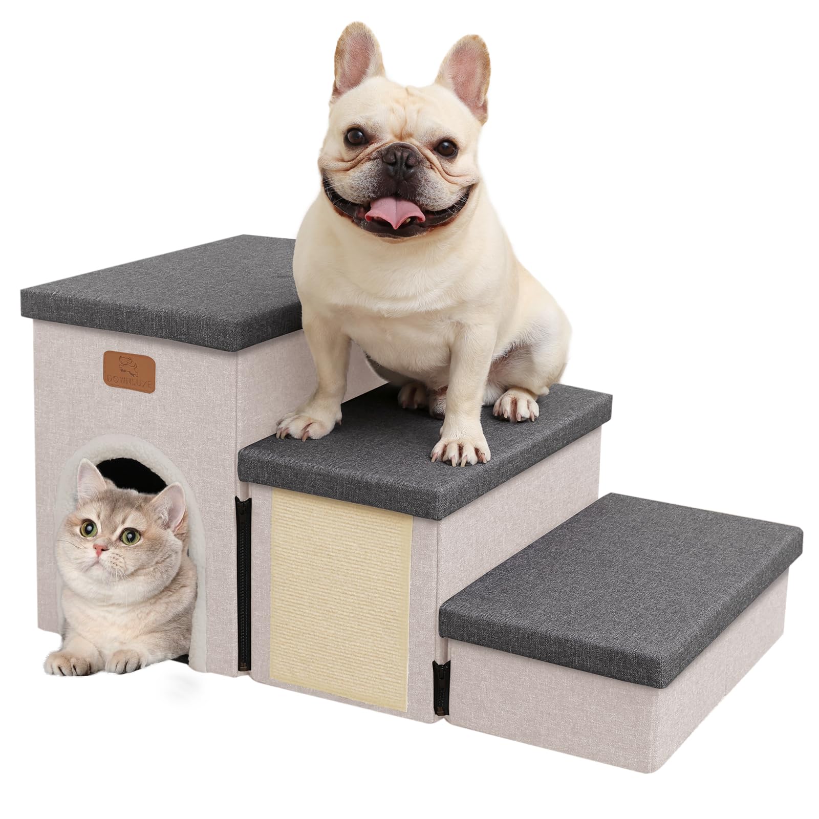 Downluxe Dog Stairs For Small Dogs, Foldable Dog Steps For Bed, Sofa And Chair, Non-Slip Pet Steps With Cat Scratcher And Condo 