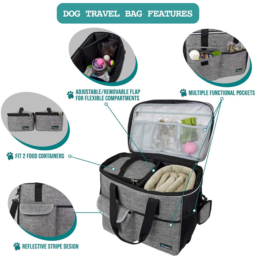 PetAmi Dog Travel Bag, Travel Pet Bag Organizer, Dog Food Travel Bag with Food Container and Bowls, Dog Travel Supplies Gift Acc
