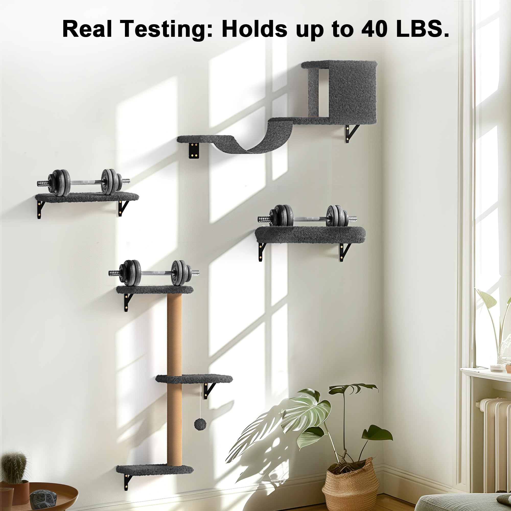 Fukumaru Cat Wall Shelves, Stable & Safe 4 In 1 Cat Furniture Set, Wooden Climbing Wall With Scratching Post For 16 Inch Drywall