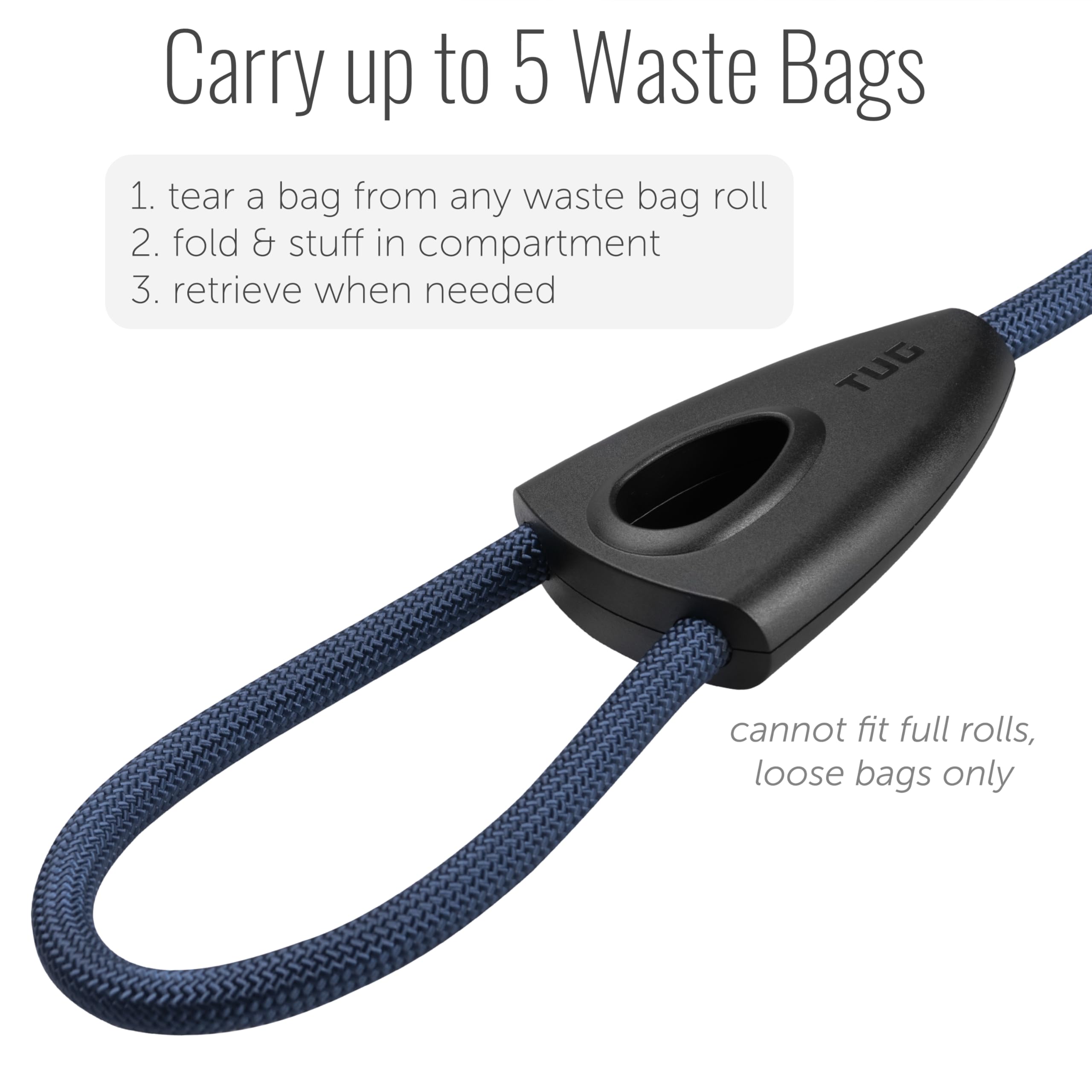 Tug 5 Ft Dog Leash With Integrated Oval Dispenser Holds 3 Loose Dog Waste Bags (Blue)