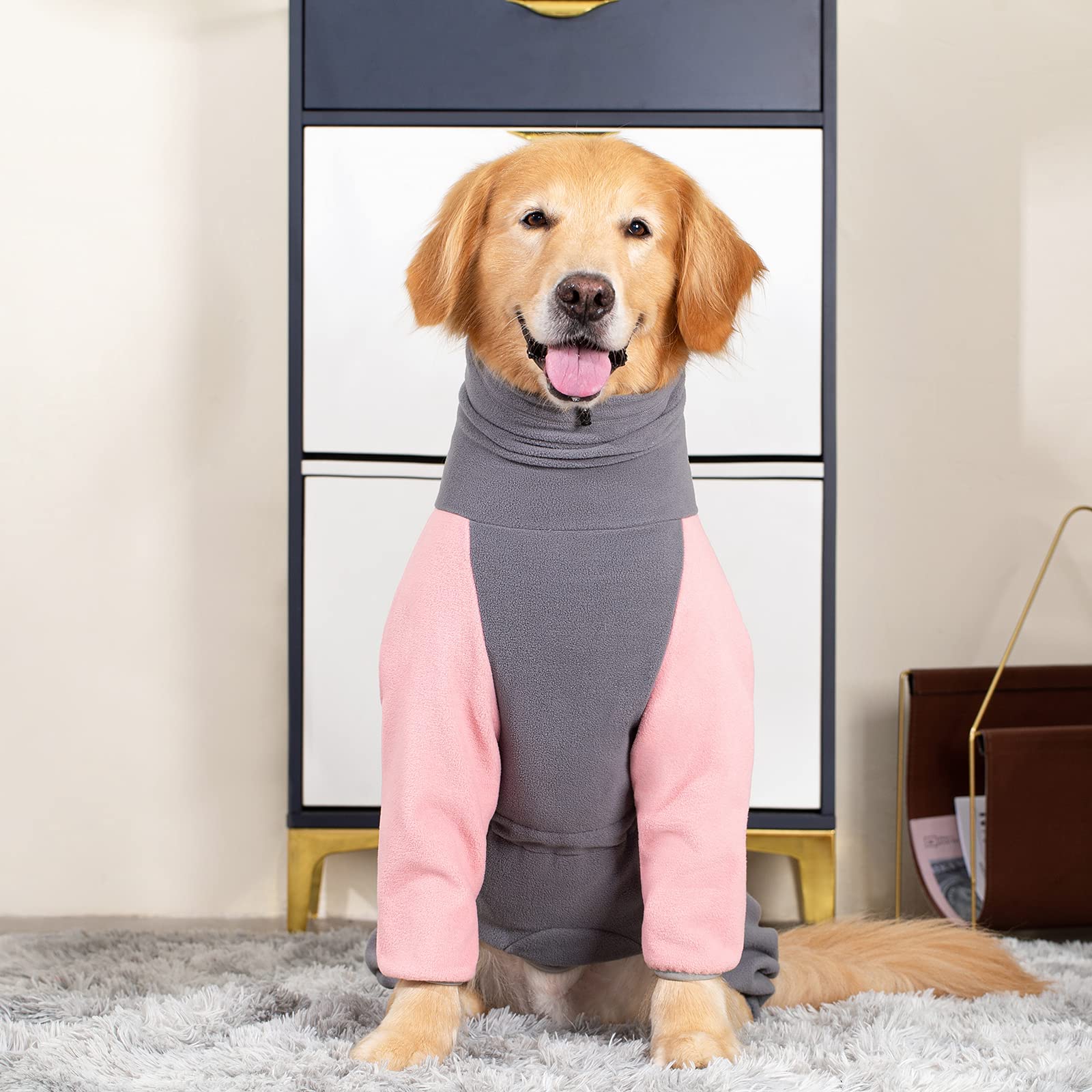 Fleece Dog Coats 4-Legs Winter Warm, High Collar, Snowsuit, Windproof, Pink, 2X-Large