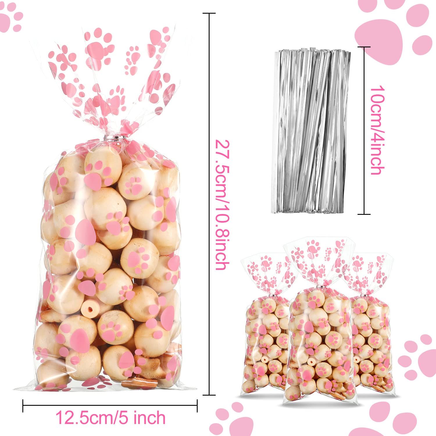 Blulu 100 Pieces Pet Paw Cone Cellophane Bags Heat Sealable Candy Dog Paw Gift Cat Treat Bags With 100 Pieces Silver Twist Ties