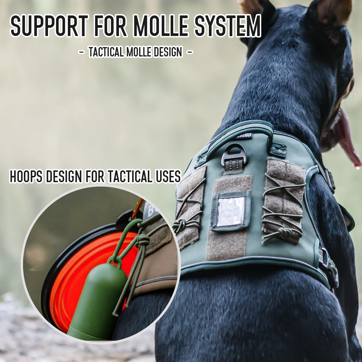 Dnallrino Tactical Dog Harness For Medium Large Dogs, Green Dog Harness With Id Card, Reflective Hiking Harness For Training Eas
