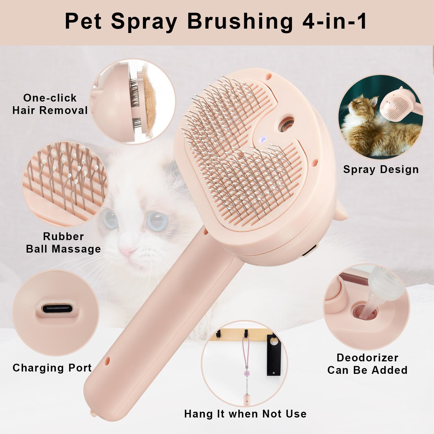 Pet Steam Hair Comb Brush For Shedding, 4 In 1 Spray Brush For Long & Short Haired Cat&Dog, Self-Cleaning Hair Remover With Wate