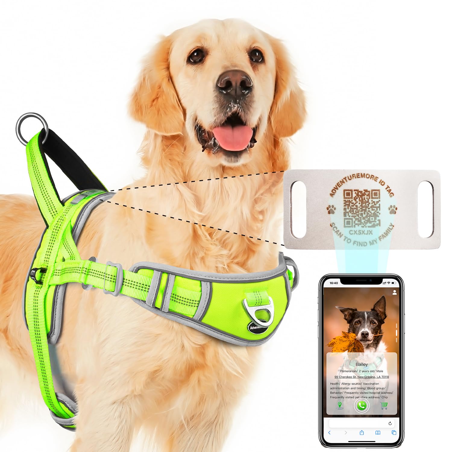 Adventuremore Dog Harness Medium Dog No Pull With Qr Code Dog Tag, Adjustable Reflective Dog Vest Escape Proof Dog Harness Smart