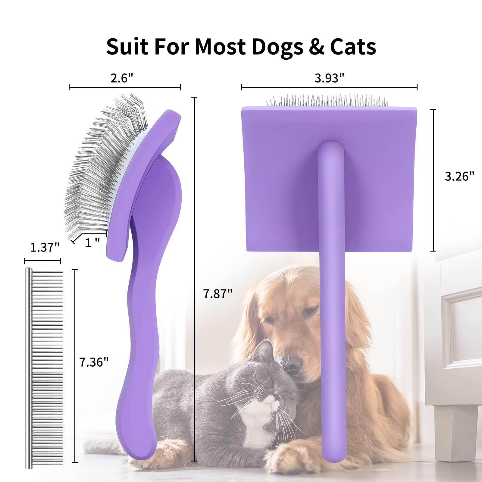 Wopqaem Slicker Brush For Dogs, Long Pin Dog Grooming Brush For Goldendoodles, Poodles, Doodles & More, Includes Bonus Pet Comb, Perfect For De-Shedding, Dematting & Reducing Tangles. Large, Purple